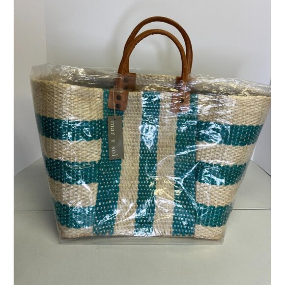 MAR Y SOL Collins Aqua/Beige STRAW & LEATHER Straps Bag BEACH Tote New - Picture 1 of 13